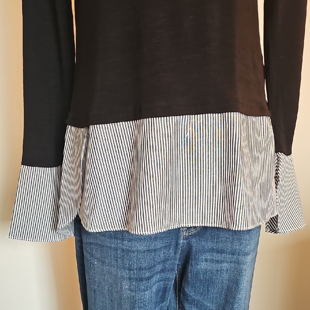 White House Black Market Black Top with Striped Hem - Picture 4 of 9